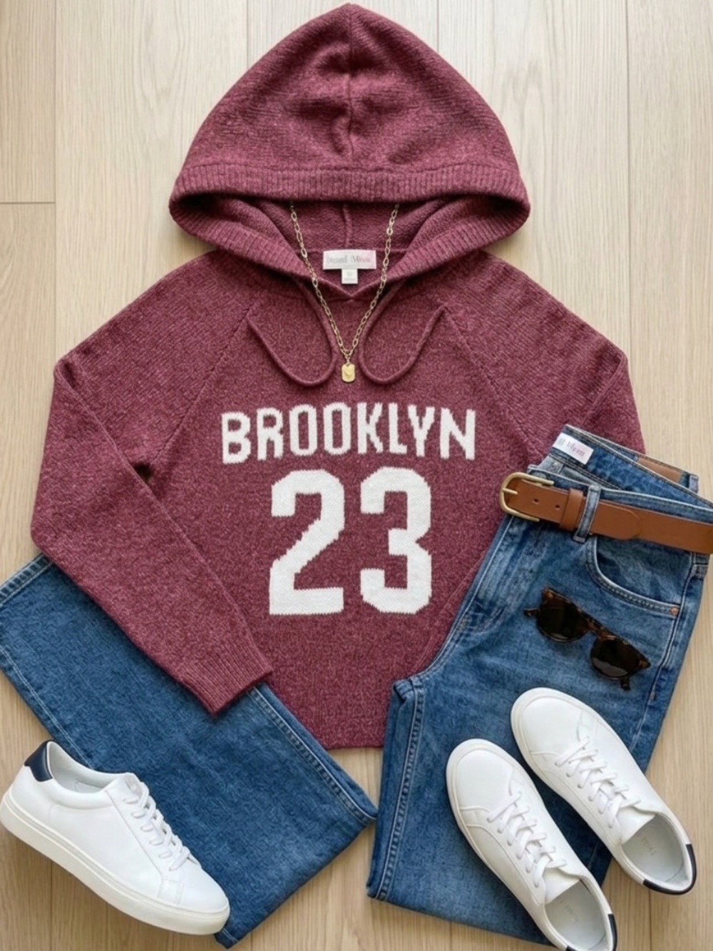 Hazel Moon "Brooklyn 23" knit hoodie in a heathered burgundy Size Extra Small